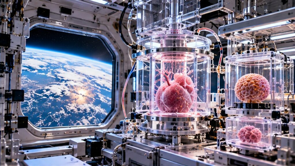 Original conceptual illustration of biomedical tissue bioreactors operating in a microgravity research laboratory