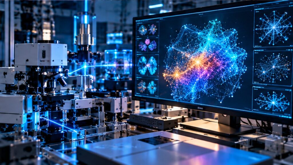 Original conceptual illustration of scientific instruments linked to advanced research computing and AI models