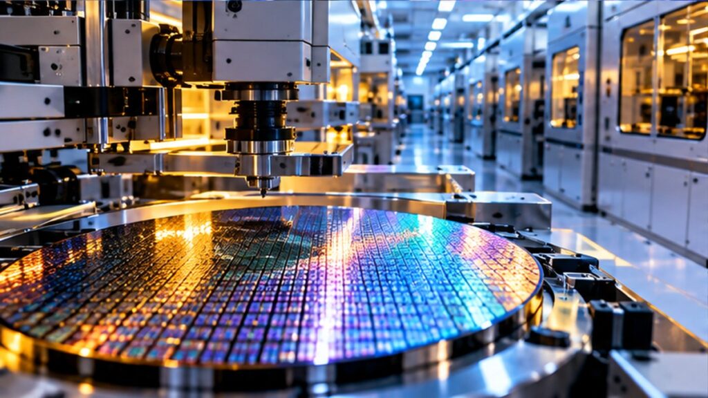 Original conceptual illustration of semiconductor wafer processing in a large advanced fabrication cleanroom